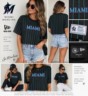 New Era Miami Marlins Pinstripe Crop Tee Black Teal Pink Size M NWT MLB